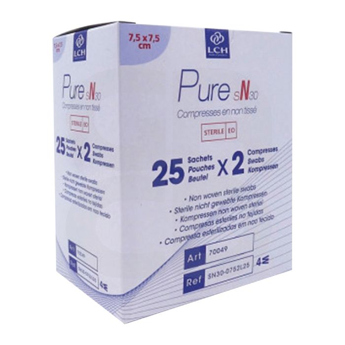 Compresses en non tissées stériles - 7.5x7.5 cm - Boite de 25 sachets de 2 compresses