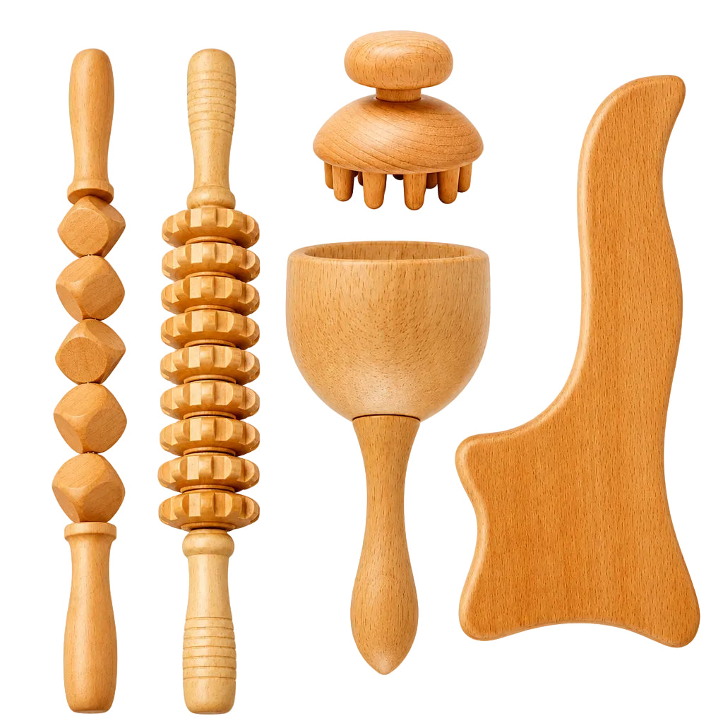 Kit Madérothérapie en Bois d’hévéa – Outils de Massage Corps (5 pcs)